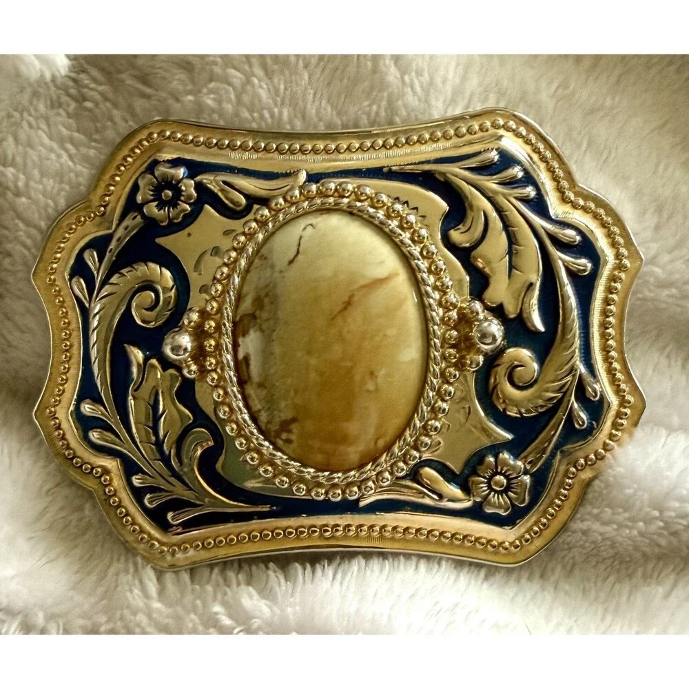 Belt BUCKLE Polished Agate Stone Western Gold Blue Scroll Brass 1970’s Vintage